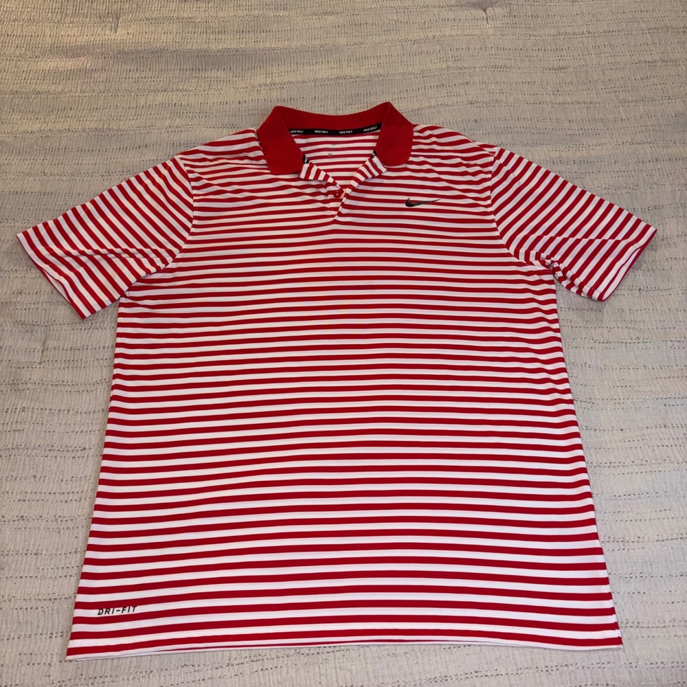 Nike Golf Mens Dri-FIT Red White Striped Short Sleeve Polo Shirt Large